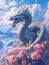 An epic fantasy dragon snake with blue scales and huge fangs on snow-covered hills in an epic pose emits a cry covered with