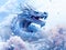 An epic fantasy dragon snake with blue scales and huge fangs on snow-covered hills in an epic pose emits a cry covered with