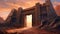 Epic Fantasy Illustration Of Old Desert With Two Buildings And Gate