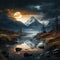 Epic Fantasy Landscape: Moonlit Valley With Dark Silver And Amber Tones