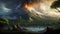 Epic Fantasy Landscape Painting With Majestic Volcano