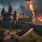 Epic fantasy siege, Massive siege of a fortified castle with catapults launching flaming projectiles amidst a chaotic battlefiel