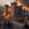 Epic fantasy siege, Massive siege of a fortified castle with catapults launching flaming projectiles amidst a chaotic battlefiel