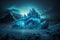 Epic glacial ice castle on a snowfield at night