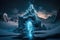 Epic glacial ice castle on a snowfield at night
