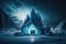 Epic glacial ice castle on a snowfield at night