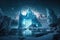 Epic glacial ice castle on a snowfield at night