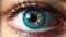 An epic and gorgeous blue iris, beautiful woman eye with details, closeup shot. Generative AI
