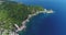 Epic Island Bay Scenery Wood Hill Aerial View. Tropical Beach Landscape Rocky Slant Coast Clear Sea