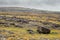 Epic landscape in Burren area, West of Ireland. Rough stone terrain with green fields. Warm sunny day, Cloudy sky. Nobody. Travel