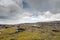 Epic landscape in Burren area, West of Ireland. Rough stone terrain with green fields. Warm sunny day, Cloudy sky. Nobody. Travel