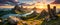 Epic landscape overlooking amazing fjords with rocky mountainous shores at sunset. Nature landscape wallpaper