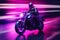 Epic Neon Futuristic Motorbiker Riding a Motorcycle At High Speed Illustration