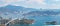 Epic panorama aerial view of Tsing Ma Bridge, the famous span suspension bridge in Hong Kong