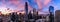 Epic panorama of a pink and blue sunset over San Francisco skyline with Salesforce Tower in the center and the bay bridge