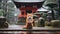 Epic Portraiture: Red Fox In Rain Near Japanese Temple