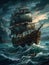 An epic sailing ship in a stormy ocean at sunset. AI generated