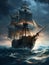 An epic sailing ship in a stormy ocean at sunset. AI generated