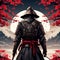 epic samurai wallpaper from behind, looking slightly to the right, face covered in the hood - intense and captivating warrior