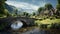 Epic Scottish landscape with stone made cottages, grey sky, mountains, river and green fields