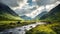 Epic Scottish landscape with stone made cottages, grey sky, mountains, river and green fields