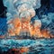 Epic Seascape: Power Plant with Smokestacks, Choppy Water, and Vibrant Sky, generative ai