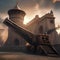 Epic siege engine, Massive siege engine unleashing destruction upon a fortified city wall1