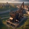 Epic siege engine, Massive siege engine unleashing destruction upon a fortified city wall3