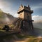 Epic siege engine, Massive siege engine unleashing devastation upon a fortified castle wall amidst a chaotic battlefield1