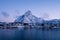 The epic snow covered mountains of the Lofoten Islands. Reine, Norway