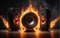 Epic speakers surrounded by fire, lames and smoke music symbols on dark background. Burning speaker with hot music performance