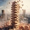 Epic View of Jenga Tower Toppling Down. Generative AI