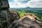 Epic view from Rock of Maria, or Mariina skala, or Marienfels into beautiful landscape of Bohemian Switzerland on a sunny summer
