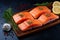 Epicurean vision Large salmon fillet portions create a tempting food backdrop
