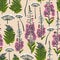 Epilobium angustifolium, Angelica, Polypodiophyta. Seamless pattern with forest and field plants and flowers. Angelica, fern, fire