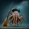 Epiphany hag octopus riding a broom illustration generative ai