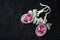 Epoxy resin earrings with dry rose petals on a dark background