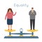 Equality men women equal rights male female characters balance scales weigher concept modern flat design vector