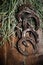 Equesrtian background. Lucky old  horseshoes laying at wooden background