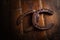 Equesrtian background. Lucky old  horseshoes laying at wooden background