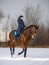 Equestrian country girl riding her bay horse in winter