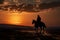 Equestrian elegance a Wrangler on horseback navigates the serene sunset landscape