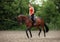 Equestrian girl horseback riding trot