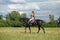 Equestrian model girl riding sportive dressage horse in summer fields