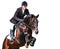 Equestrian: rider with bay horse in jumping show, isolated