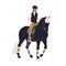 Equestrian riding horseback. Equine rider during horseriding, walk. Happy horseman, man on stallion, sitting in saddle