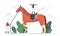 Equestrian Sport Club, Horse Training Concept. Tiny Trainer Character Wearing Uniform Holding Whip and Harness