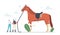 Equestrian Sport and Horse Training. Tiny Trainer and Jockey Characters near Huge Thoroughbred Stallion Train Animal