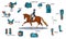 Equestrian sport infographics horse harness and rider equipment in the center of a rider on a horse in cartoon style