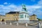 Equestrian statue of Frederik V by Amalienborg courtyard architectural building, Copenhagen, Denmark